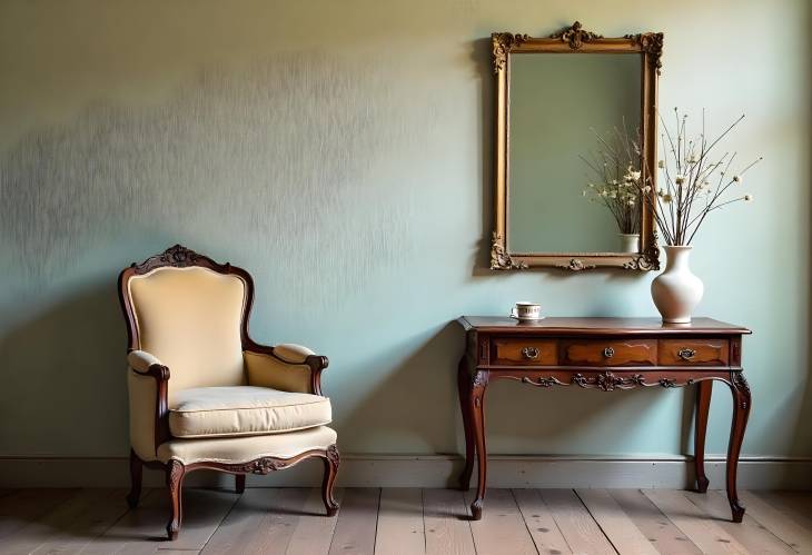 Antique Chair, Table, and Mirror Against a Vintage Wall  A Classic Interior